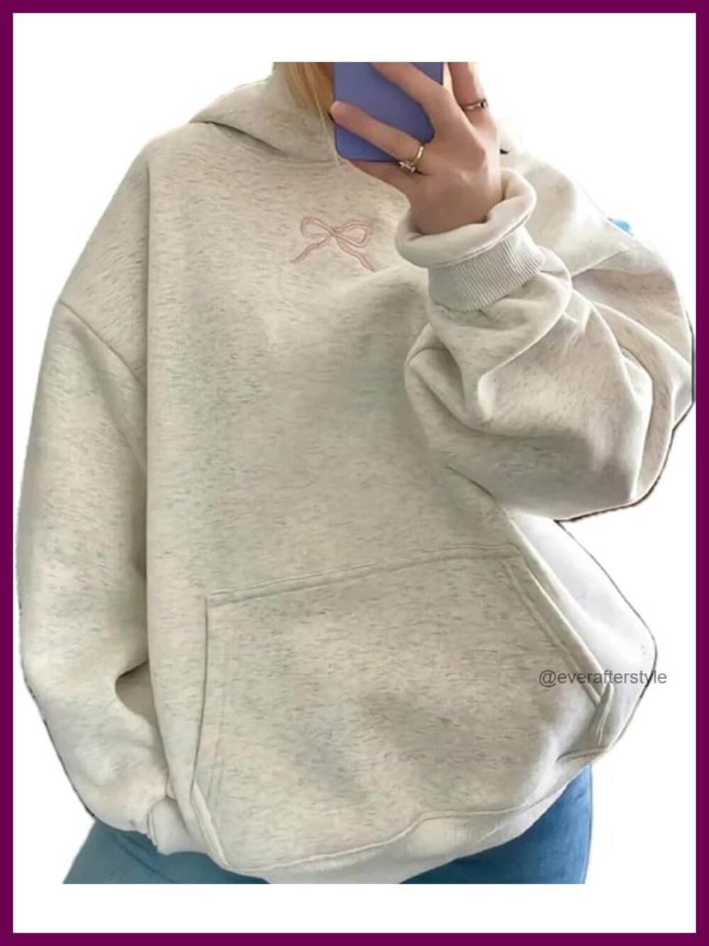 Oversized Hoodie Sweatshirt Embroidered Bow Kangaroo Pocket